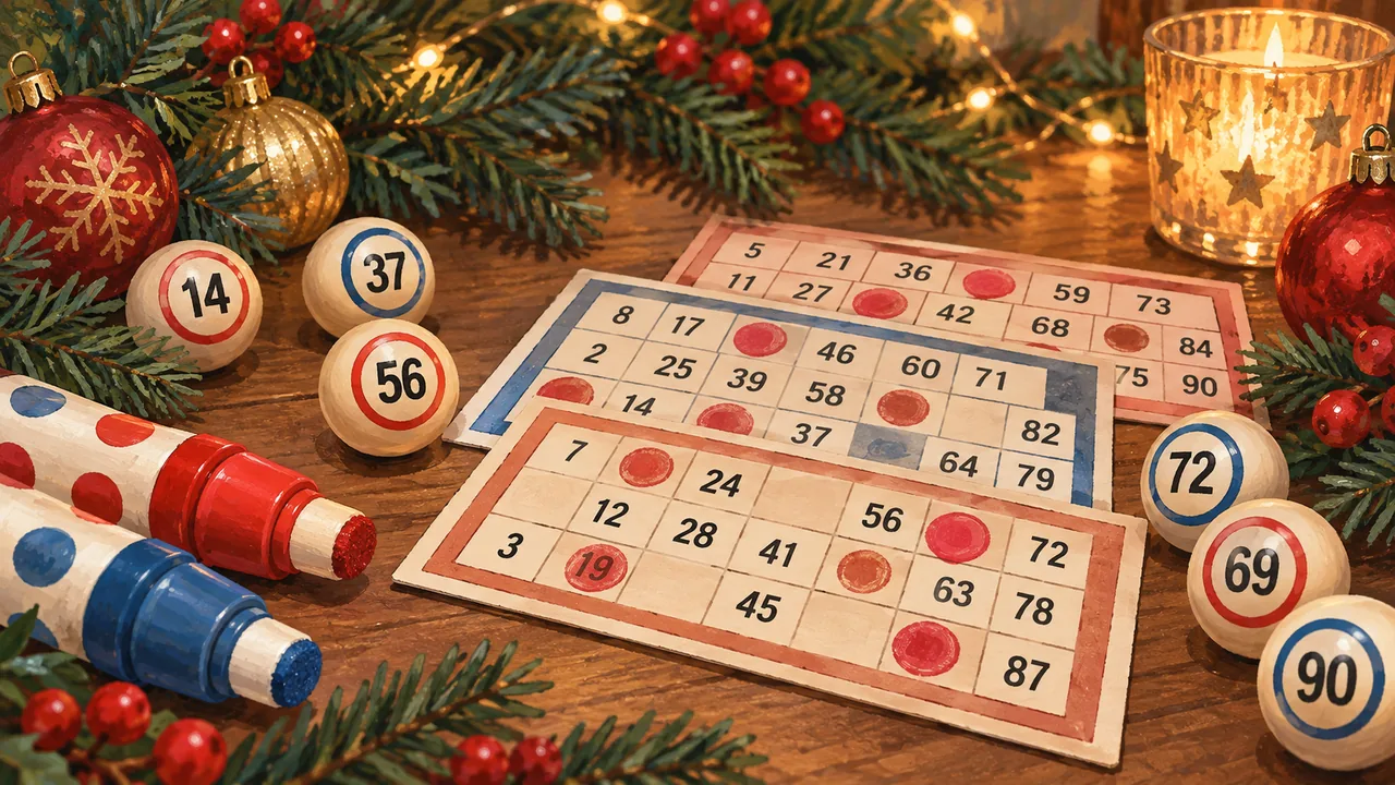 Illustration of bingo tickets and balls surrounded by Christmas greenery and baubles