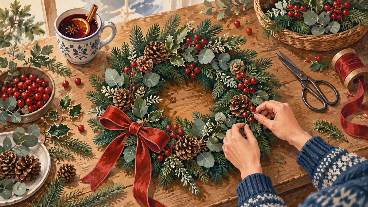 Illustration of an evergreen Christmas wreath being made with berries, pine cones and ribbon