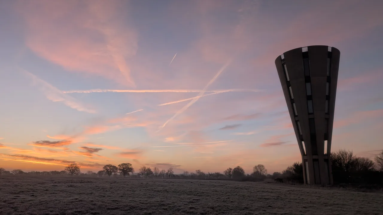 Tonwell water tower beside frosty fields under a pink sunrise sky